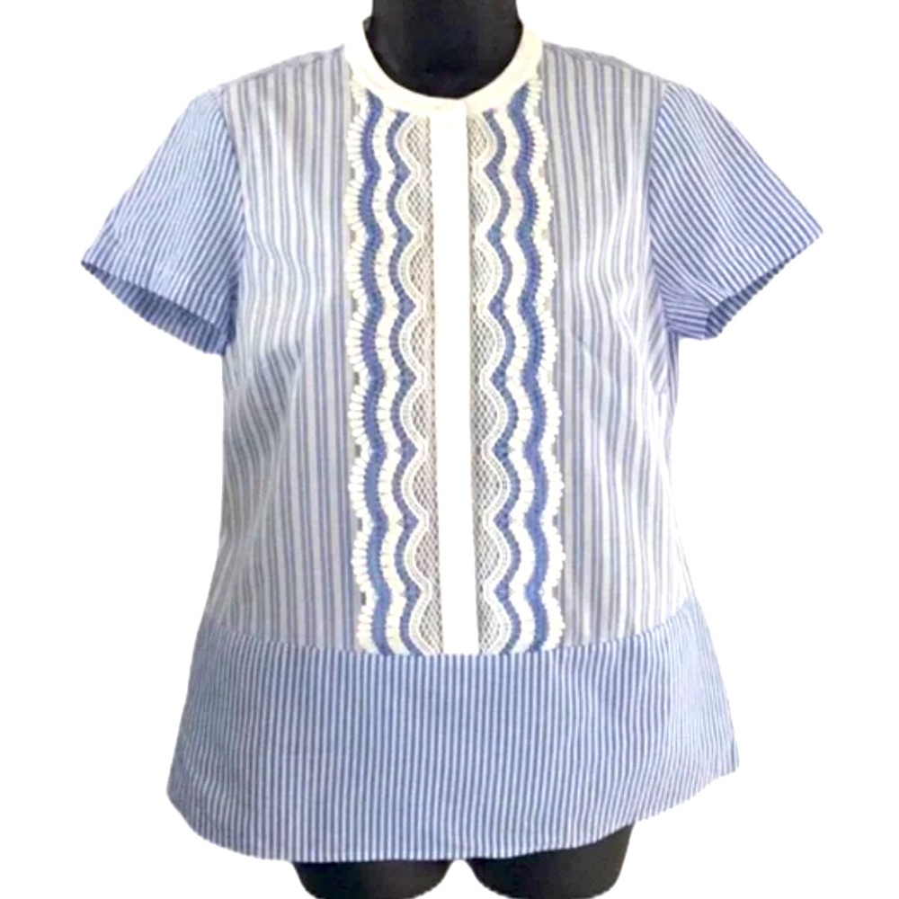 Karl Lagerfeld Paris Button Up Top Blue Striped Crochet Shirt